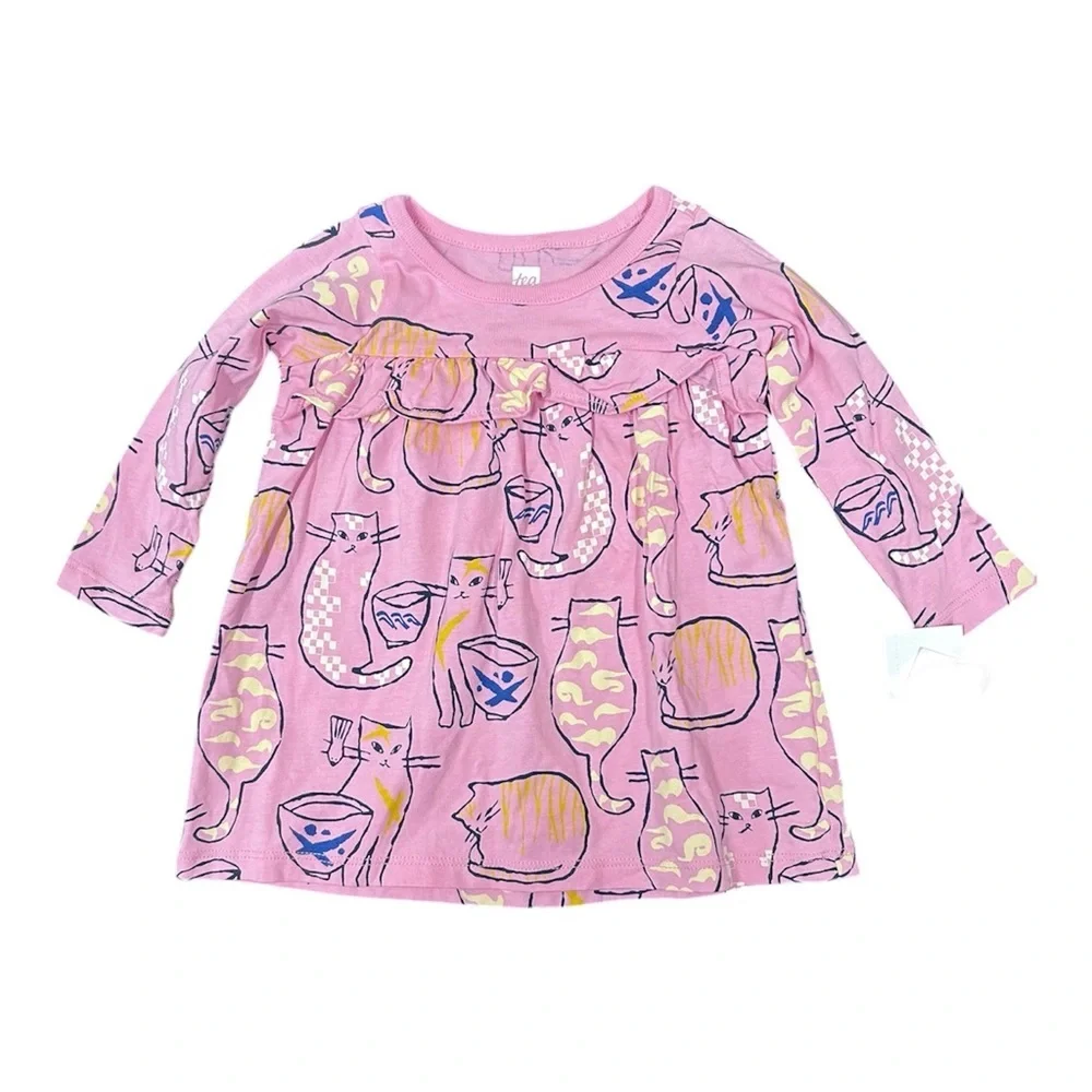 Tea Collection Ruffle Empire Baby Dress Pink Cat Cafe 3-6Months NWT
